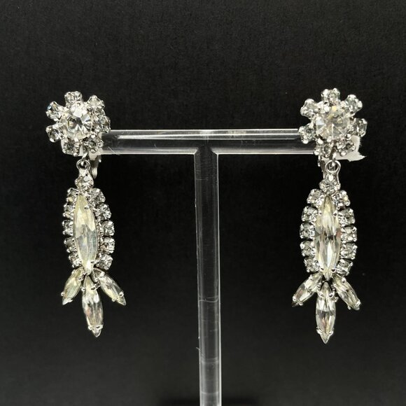 Vintage Signed Sherman Clear Rhinestone Clip on Earrings Bright and Sparkling 2" - Picture 7 of 10